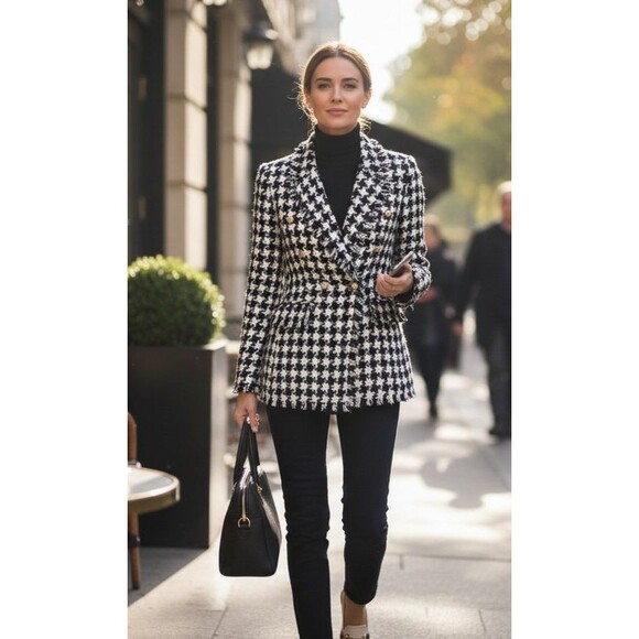 DESIGNER RACHEL ZOE BLACK/WHITE HOUNDSTOOTH TWEED DOUBLE BREASTED BLAZER SMALL